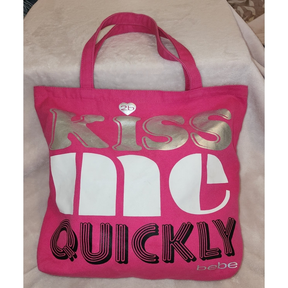 2b BEBE Canvas Tote Bag In BRIGHT Pink W/ Metallic Graphic " Kiss Me Quickly!